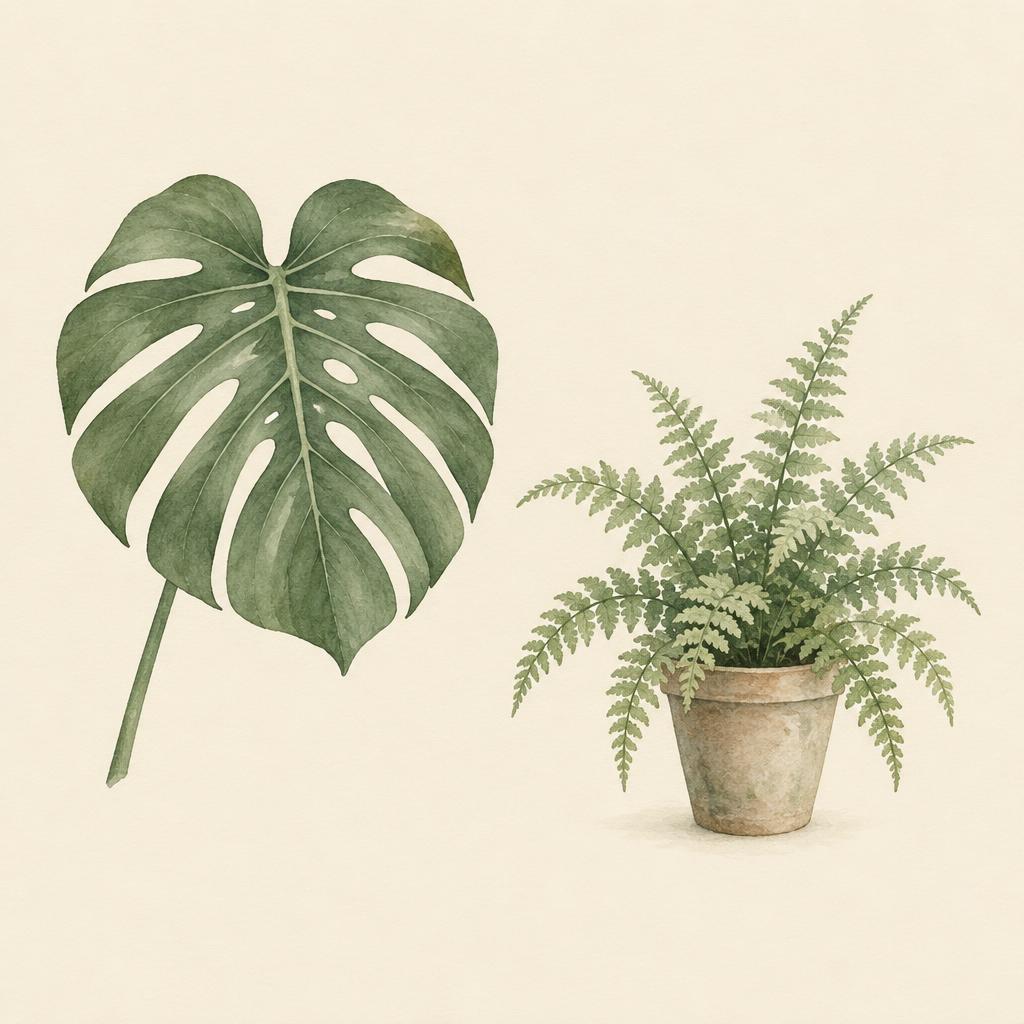 Botanical illustration of a monstera leaf and a potted fern